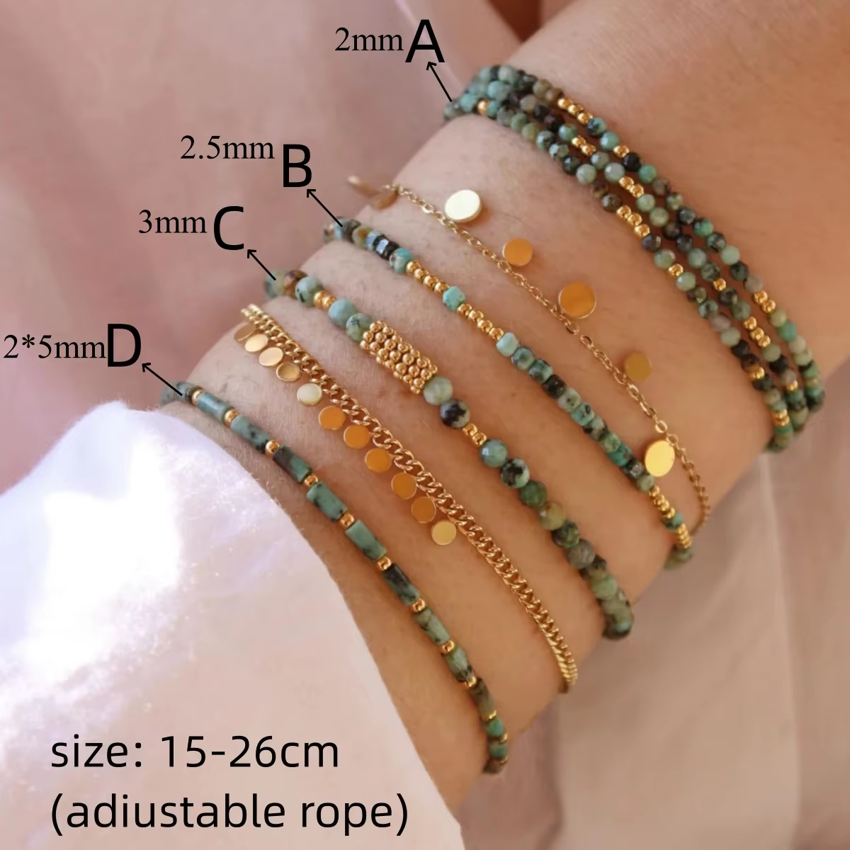 Pulseras de turquesas de piedra natural CCGOOD para mujer, pulseras minimalistas chapadas en oro de 18 K con cuentas de 2 mm/3 mm, joyería bohemia