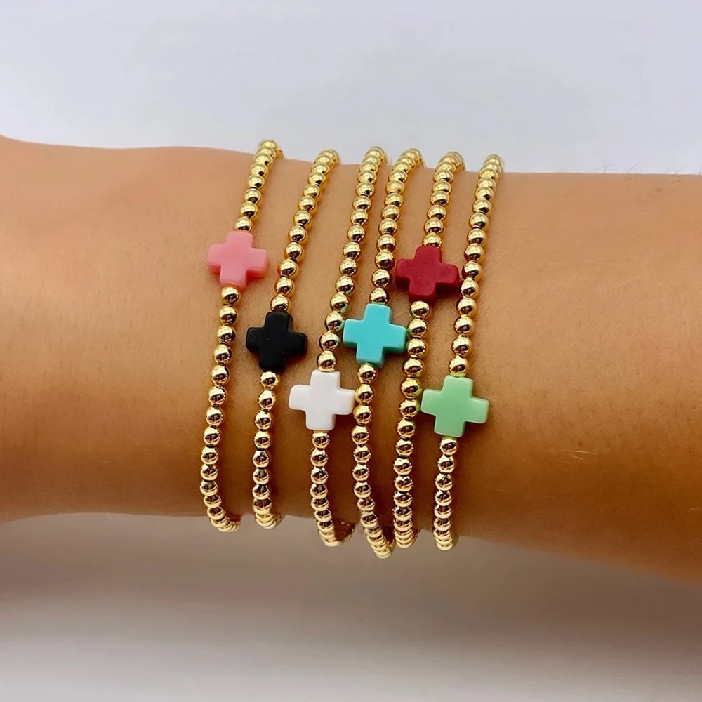 Pulsera CCGOOD con cruz multicolor apilable, pulseras de cuentas de bolas chapadas en oro de 18 K para mujer, joyería bohemia, pulseras impermeables