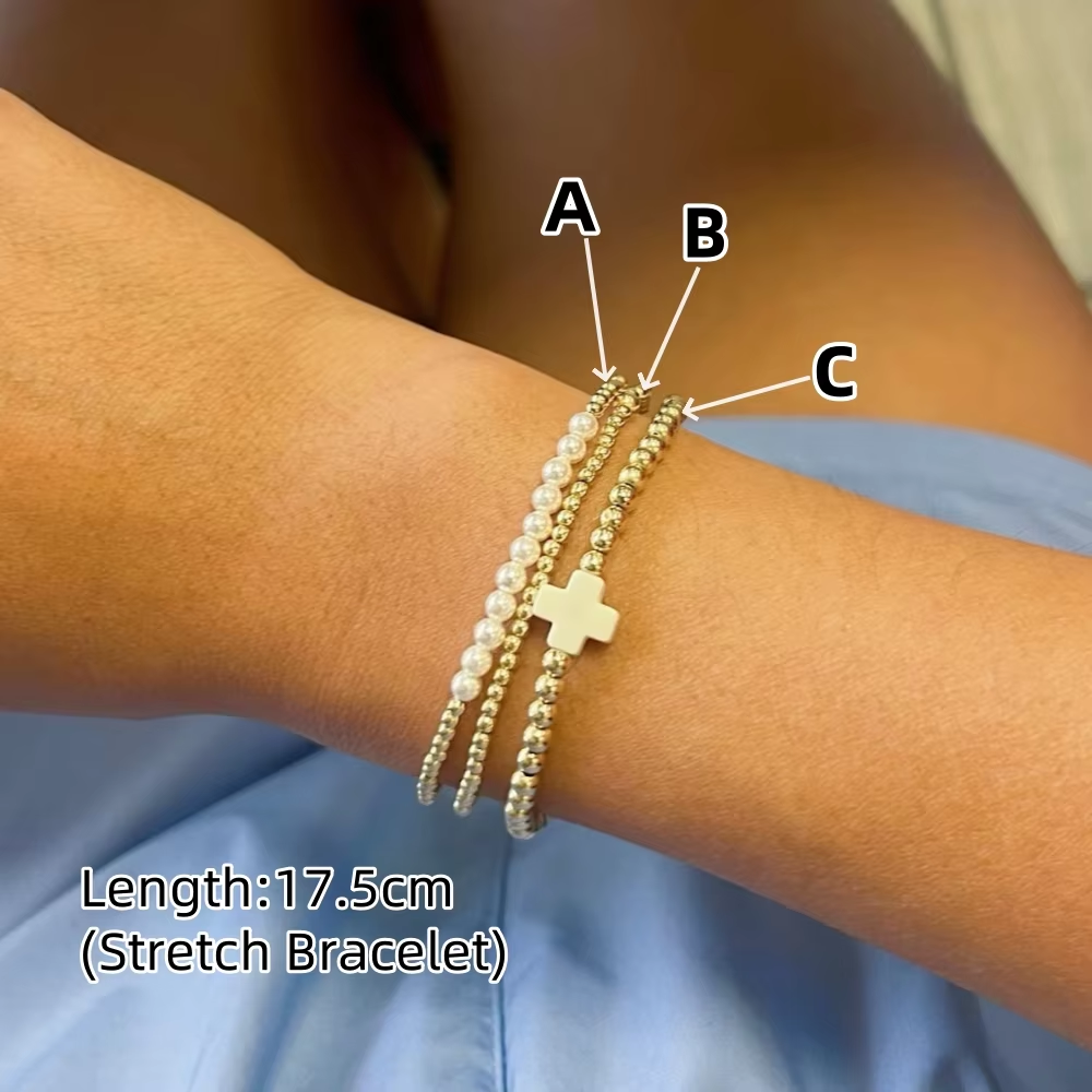 CCGOOD Shelly Pearl Bracelets Gold Color Beads Stackable Cross Bracelet for Women 18 K Gold Plated Stretch Pulseras Ladies Jewelry