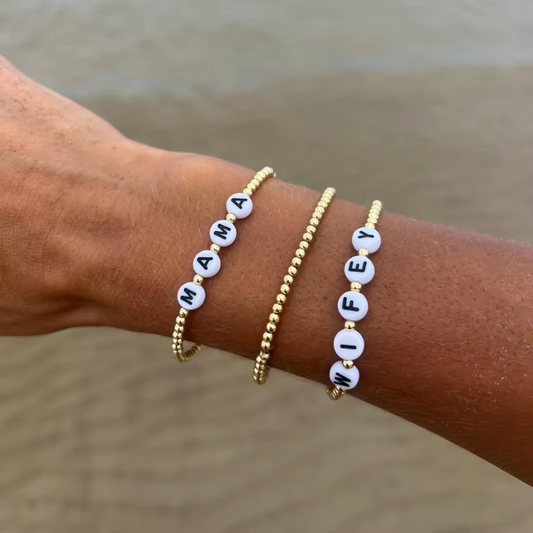 Pulsera con letras personalizadas, pulsera con nombre personalizado para mujer, cuentas de bolas chapadas en oro de 18 K, joyería elástica