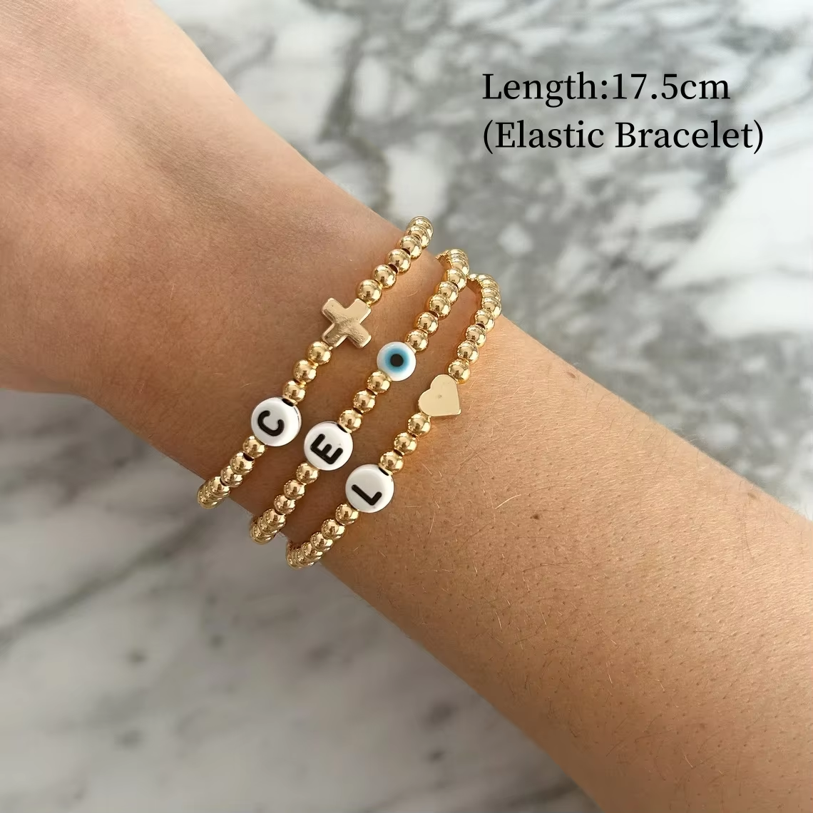 CCGOOD Customize Initial Letter Bracelet for Women Jewelry Cross Heart Evil Eye Bracelet Gold Plated 18 K Beads Stretchy Pulseras