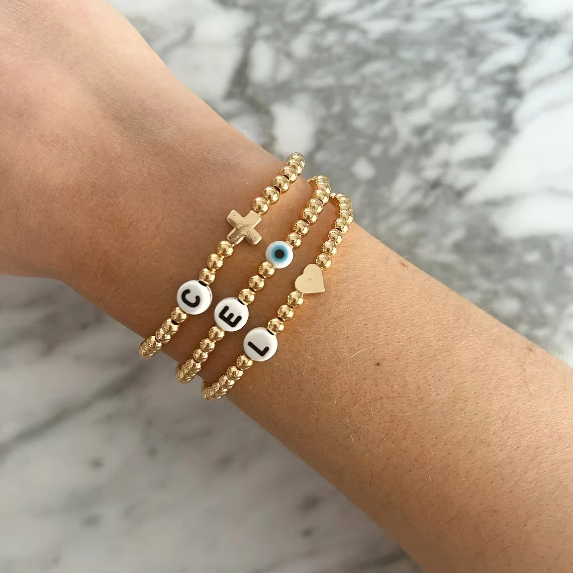 CCGOOD Customize Initial Letter Bracelet for Women Jewelry Cross Heart Evil Eye Bracelet Gold Plated 18 K Beads Stretchy Pulseras