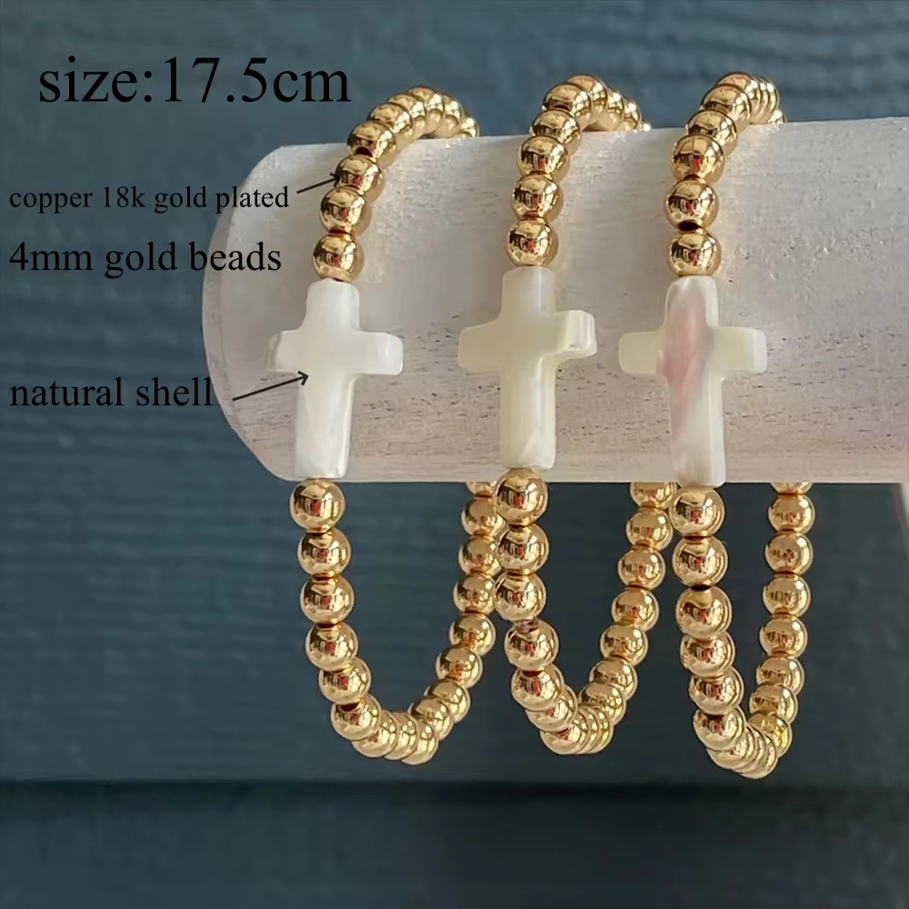 CCGOOD  Shelly Cross Bracelet Christian Jewelry 18 K Metal Gold Color Beads Bracelet for Women Stackable Pulseras Mujer