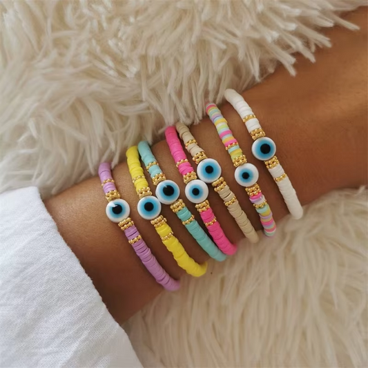 CCGOOD Evil Eye Bracelets Boho Multi-color Polymer Clay Heishi Bracelet for Women Stackable Stretchy Pulseras Jewelry