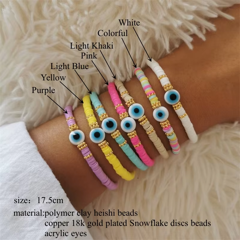 CCGOOD Evil Eye Bracelets Boho Multi-color Polymer Clay Heishi Bracelet for Women Stackable Stretchy Pulseras Jewelry