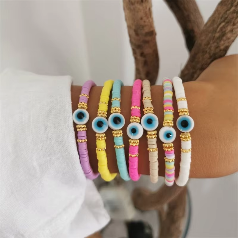 CCGOOD Evil Eye Bracelets Boho Multi-color Polymer Clay Heishi Bracelet for Women Stackable Stretchy Pulseras Jewelry