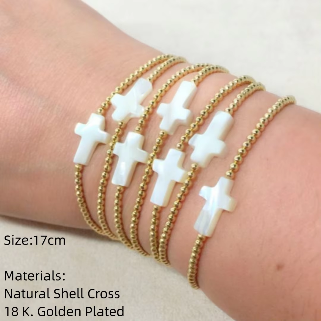 Christian Cross Bracelet for Women Fashion Boho Jewelry 18 K Gold Plated Beads Bracelet Beaded Minimalist Pulseras Mujer